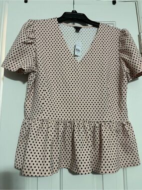 Ann Taylor Polka Dot V-Neck Peplum Top - Blush/Black